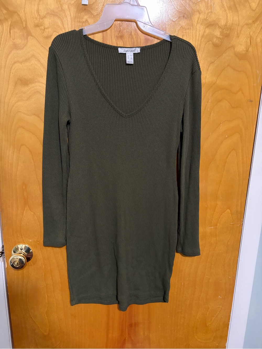 Revamped Olive Green Ribbed V-Neck Long Sleeve Dress